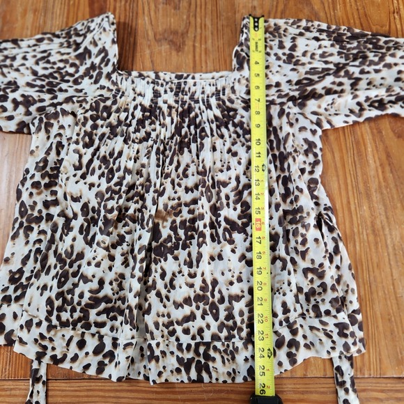 Ice Leopard Print 3/4 Sleeve Blouse XL Smocked Pleated Belt Y2K‎ 90s Milkmaid - Picture 11 of 11